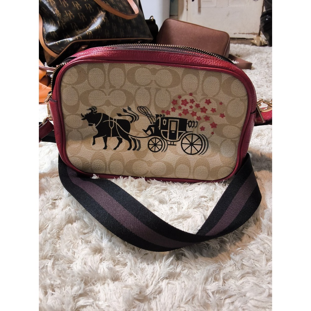 90.Coach Jes Messenger Bag Signature Canvas Horse Carriage Red Crossbody C2180